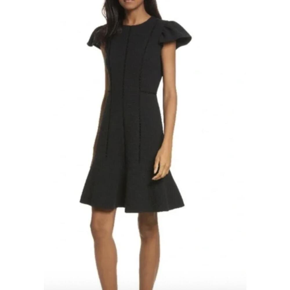 Rebecca Taylor Black Textured Stretch Scoopneck Fit & Flare Dress - Size - 4